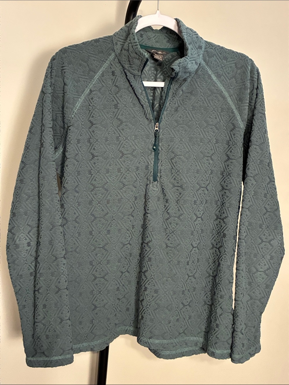 Eddie Bauer Teal Green Fuzzy Diamond Textured Quarter-Zip Pullover Large Tall